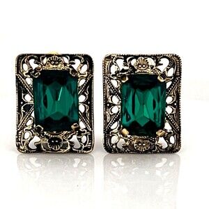 Vintage Earrings Antiqued Gold Tone Czech Glass Filigree Art Nouveau Design 4W